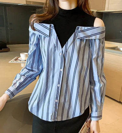 Fake Two Pieces Chiffon Silk Blouse for Women Off Shoulder Top Cool Blue Stripe Cotton Satin Shirt Woman Particular Trends Youth