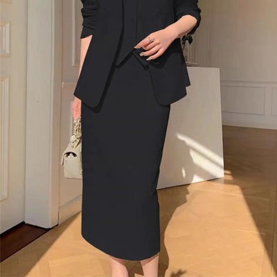 Women Suit Coat Skirt Set Elegant Office Lady Business Suit Coat Midi Skirt Set Women OL Commuting Lady High Waist Skirt Suit