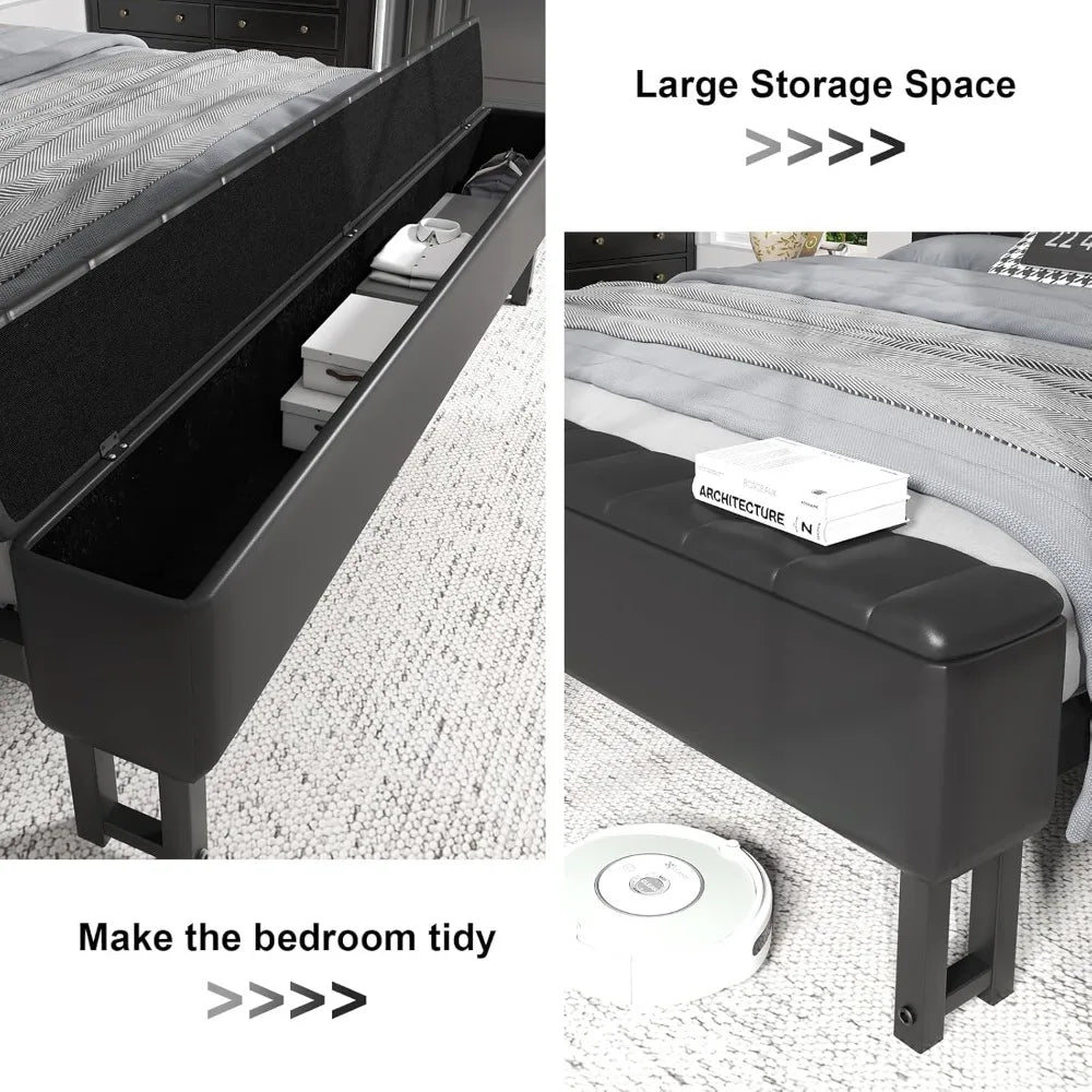 King Size Bed Frame with Star Projector & Charging Station, Metal Upholstered Bed frame with Headboard, Heavy Duty Beds