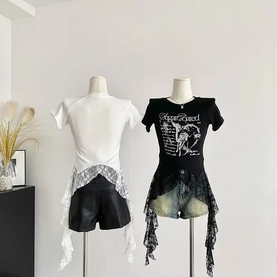 Y2K Brand Cute Deer Graphic Crop Top White Lace Ruffles Tassels Skirt T-shirts Punk Hip Hop E-girl Sexy Club Summer Tees Casual