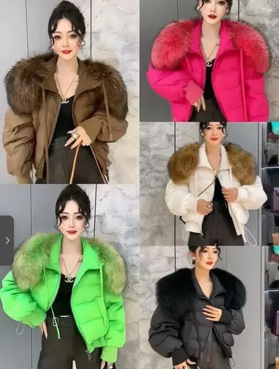 Fashionable Women's Winter Down Jacket Cropped Fox Fur Collar High End 90% White Duck Feather Coat Thick Long Sleeves