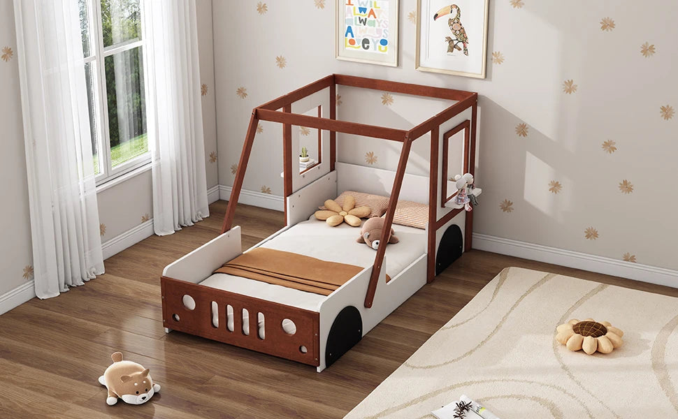 Fun Play Design Twin Size Car Bed for Kids Boys Girls Teens, White and Orange Solid Wood Frame