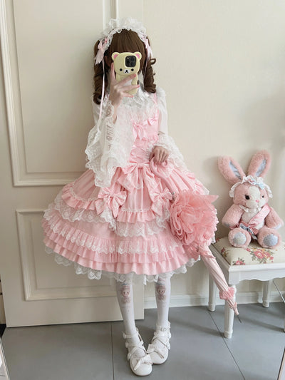 Original Lolita Dress Set Doll Feeling Girl Women's Sweet Jsk Suspender Dress Princess Fairy Lace Bow Sling Cake Dresses