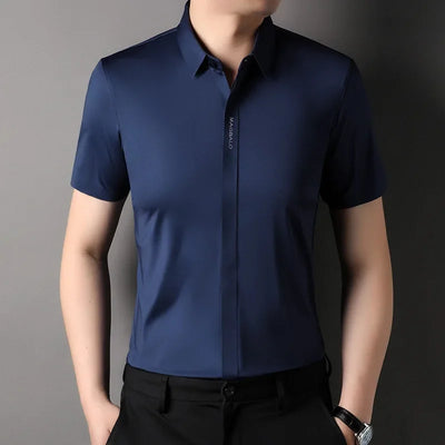 Summer New High-grade Hidden Button Men's Light Luxury Short Sleeve Shirts Men High Elastic Business Anti-wrinkle Ice Silk Shirt