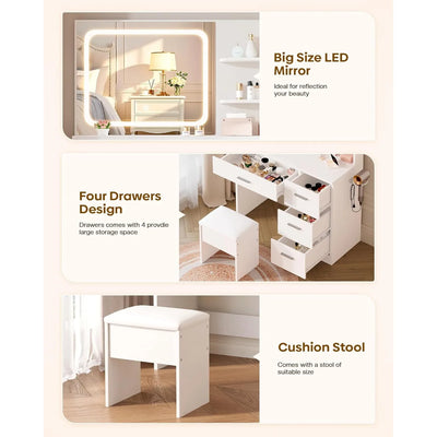 Makeup Vanity Desk, White, 35.4'Wx15.7'Dx53.9'H (Samrt LED Mirror, Open Shelves, with Cushion Stool, 4 Drawers, Hairdryer Rack,