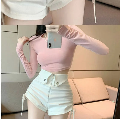 Women's High Waist White Shorts  Summer Spice Girls Drawstring A-line Short Hot Pants  Trendy Lace Up Zip Up Button Down Shorts