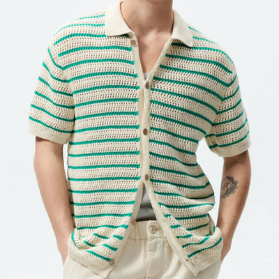 Men's Sexy See-through Knit Shirt Breathable Hollow Striped Shirt Summer New Men's Thin Coat Men's Clothing Hawaiian Shirt Tops