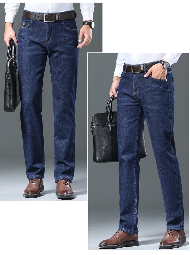 Men's Wool Velvet Jeans Winter Fleece Thickened Business Casual Straight Denim Pants Soft Cozy Thermal Stretch Trousers Male