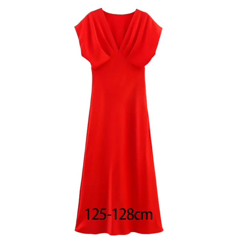 TRAF 2025 Woman Fashion Silk Texture Midi Dress Casual Slim Short Sleeve V Neck Midi Long Dresses Vestidos Mujer