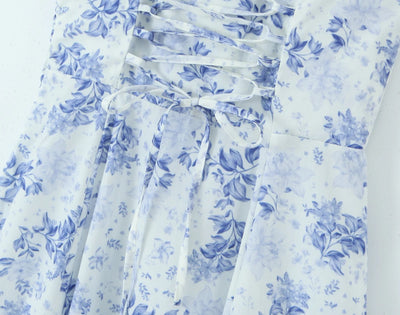 2023 Sexy Ruched Chest Blue White Flower Print Corset Style Sling Dress Cross Lacing up Bandage Back Hem Slit A-Lined Midi Robe