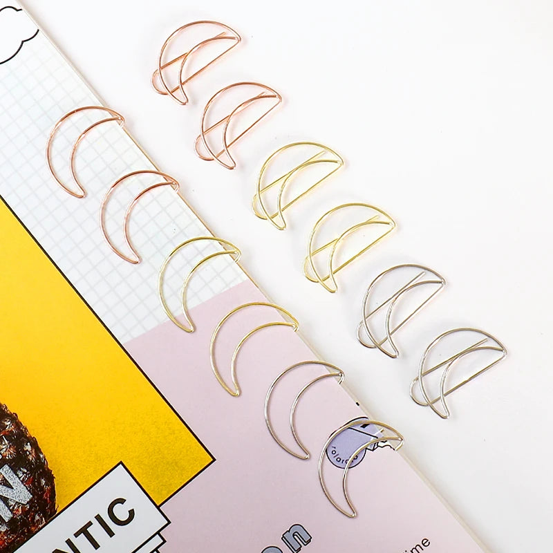 20pcs Moon Paper Clip rose gold Paper Clips Golden Plating Paperclip Cute Office Stationery Pin Silver Moon