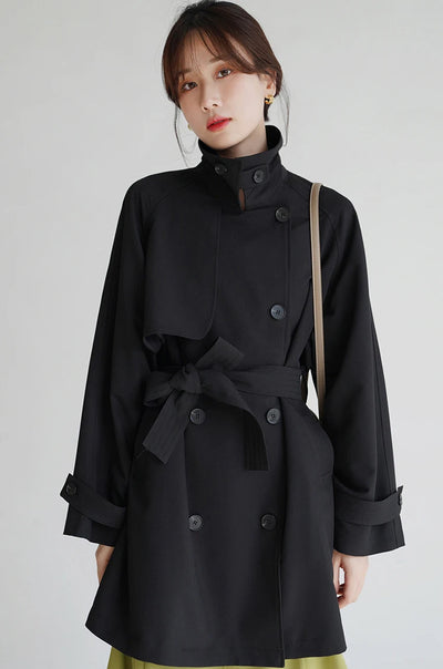 Women Spring Fall Short Trench Coat Korean Style Loose Fit Casual Khaki Jacket Petite-Friendly Versatile and Stylish Outerwear