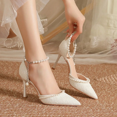 High Heeled Shoes Women's 2025 Summer with A Thin Heel and Pointed Toe A Straight Cut Lace Surface White Pearl Bridal Shoe Women