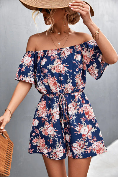 Summer Woman Playsuits Flowers Printed Sexy Off Shoulder Slim Romper Jumpsuit Women Short Sleeve Holiday Beach Playsuit