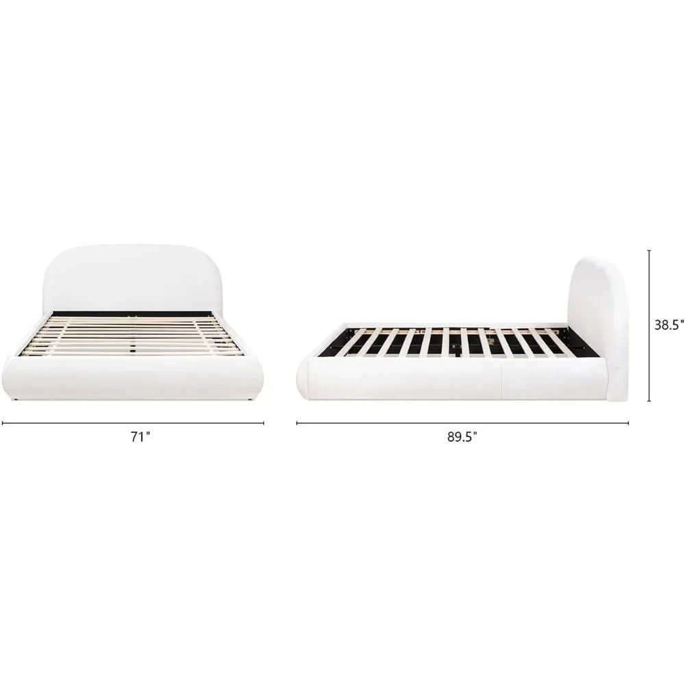 Grounded Bed Frame - Chenille White Bed Frames with Arch-Shaped Headboard and Wooden Slat Support, Upholstered Platform Bed