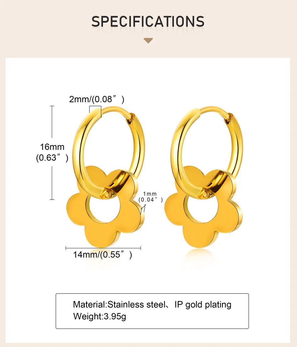 Gold Color Flower Earrings, Stainless Steel Huggie Hoop Earrings, Hypoallergenic Retro Style Bohe Ear Jewelry