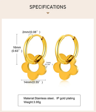 Gold Color Flower Earrings, Stainless Steel Huggie Hoop Earrings, Hypoallergenic Retro Style Bohe Ear Jewelry