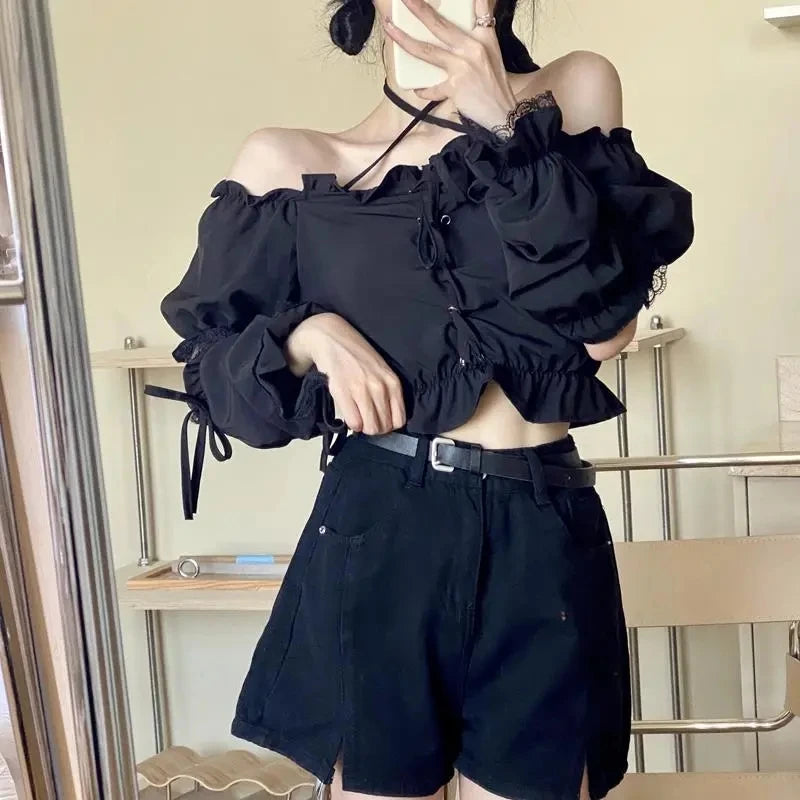 Women's Removable Sleeve T-shirt Drawstring Off Shoulder Crop Top Vintage Shirt Dark Style Harajuku Goth Tee Spring Y2k