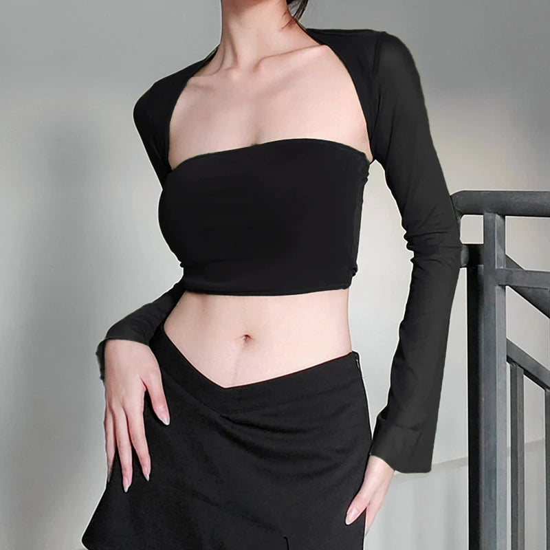 Xingqing 2 Piece Outfit Women Tube Top with Shrug Off Shoulder Sleeveless Vest and Flared Cardigan Shrug y2k Clothes Streetwear