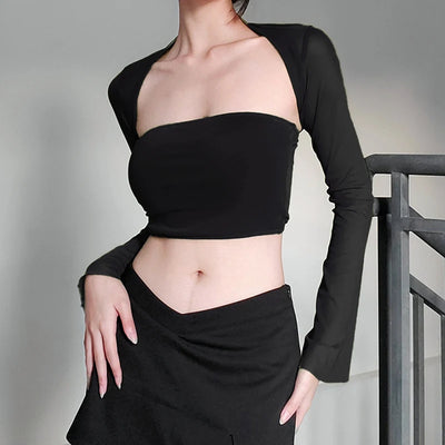 Xingqing 2 Piece Outfit Women Tube Top with Shrug Off Shoulder Sleeveless Vest and Flared Cardigan Shrug y2k Clothes Streetwear