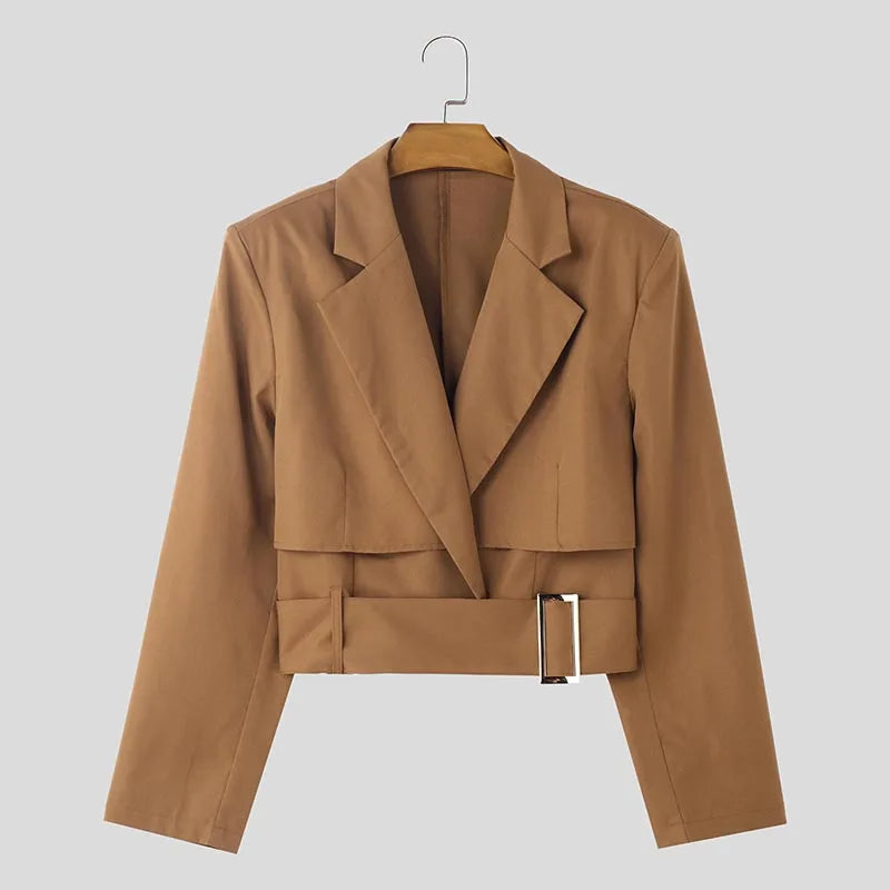 Fashion Well Fitting Tops INCERUN New Men Deconstruct Metal Buckle Suit Coat Casual Streetwear Cropped Long Sleeved Blazers 2025