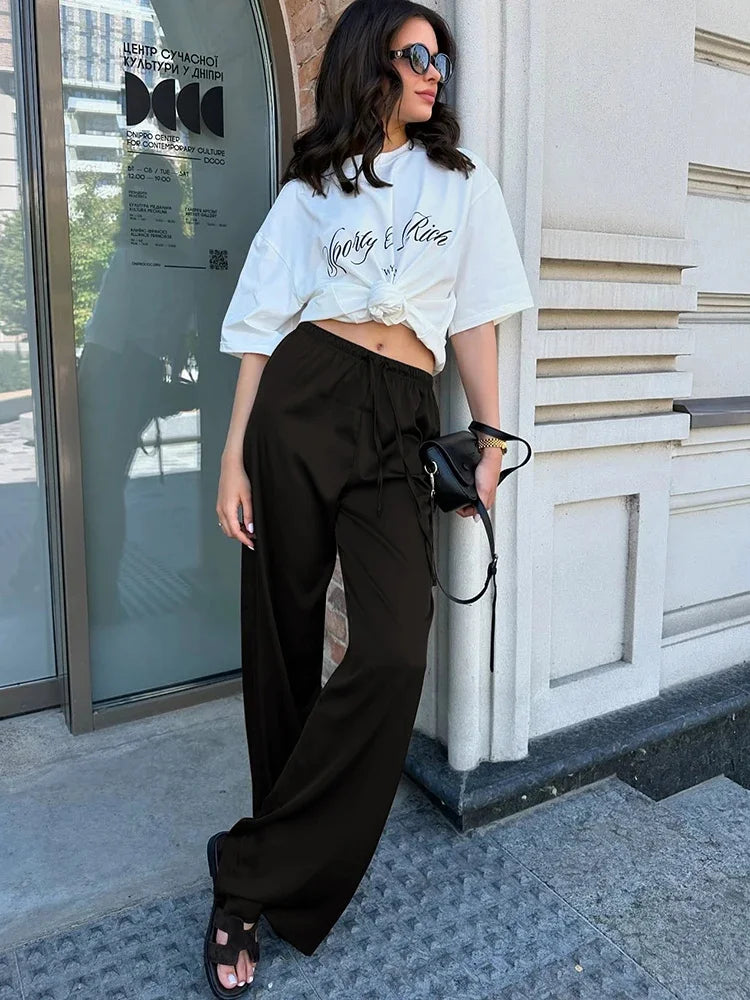 JULISSA MO Satin High Waist Lace Up Women Trousers Pink Casual Basic Elastic Waist Drawstring Pant Lady Loose Elegant Streetwear