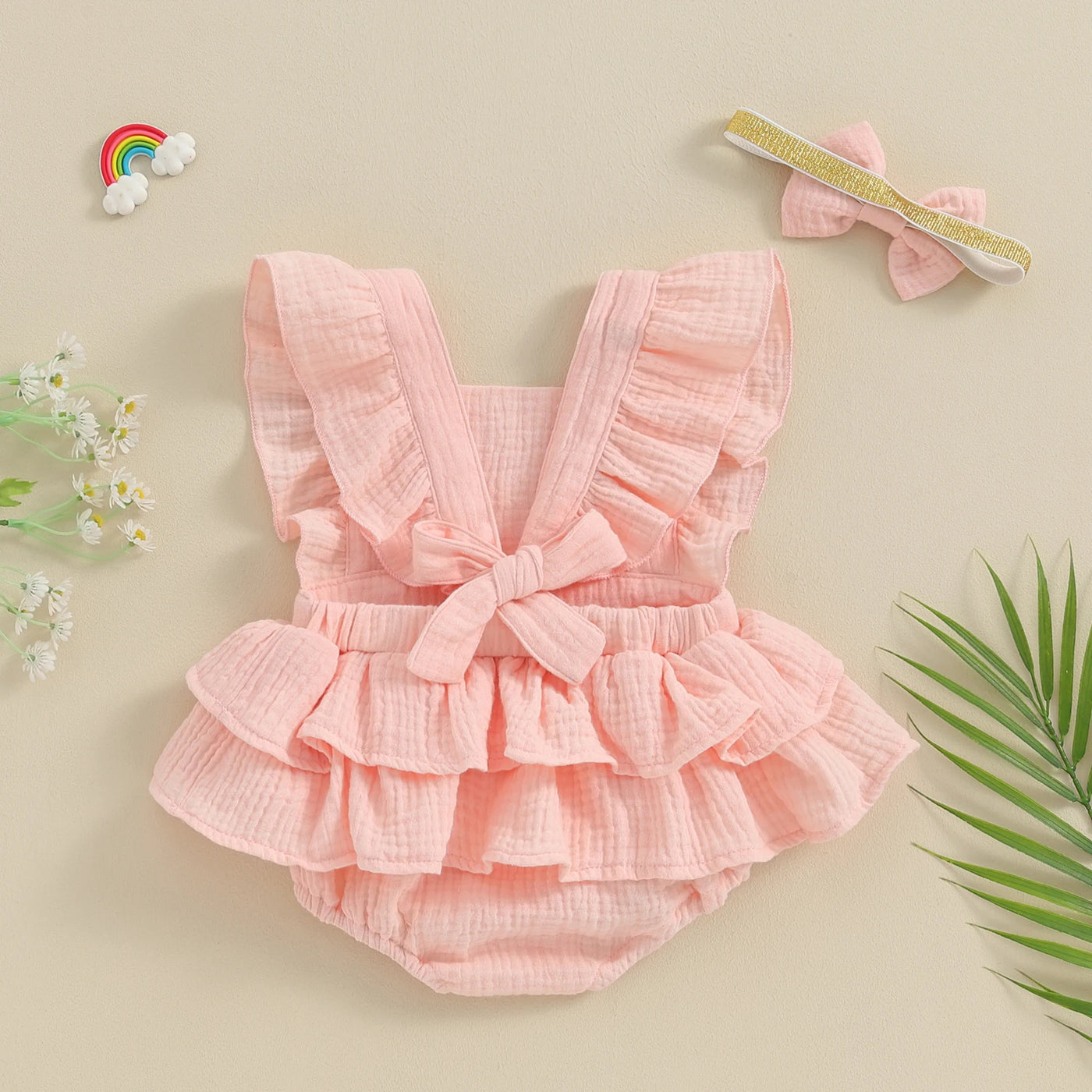 Citgeett Summer Infant Baby Girls Bodysuit Dress Solid Color Fly Sleeve Skirt Hem Jumpsuit Clothes Headband