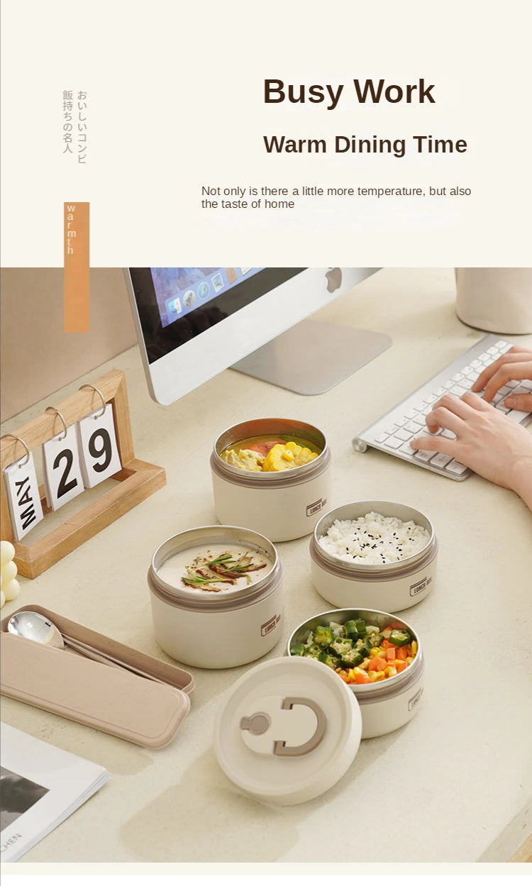 Portable Thermos 304 stainless steel insulated lunch box leakproof sealed bucket student lunch box multi-layer Round bento box