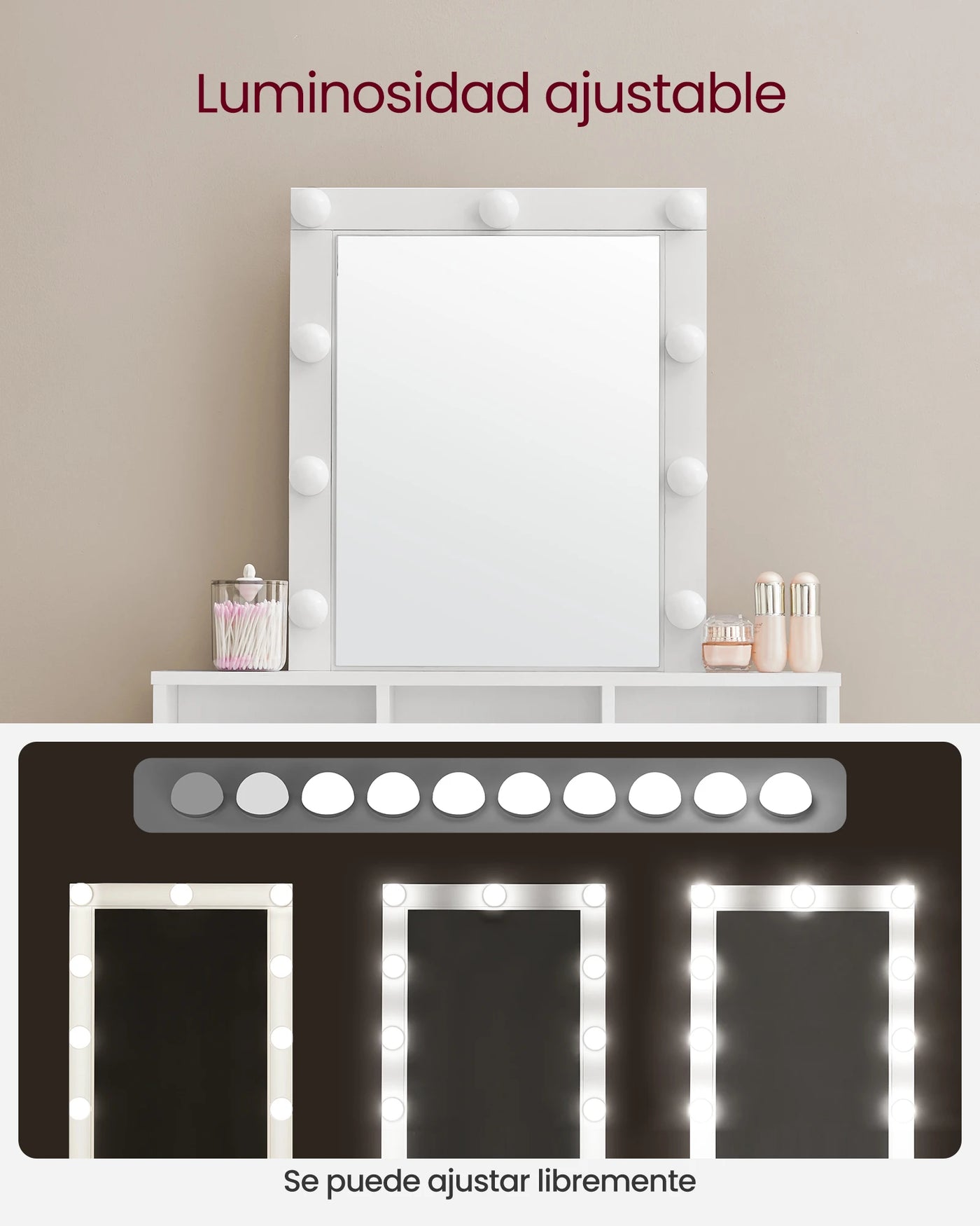 Tocador Moderno Negro con Luces LED de Brillo Ajustable, Mesa de Maquillaje con Espejo, 2 Cajones y 3 Compartimentos