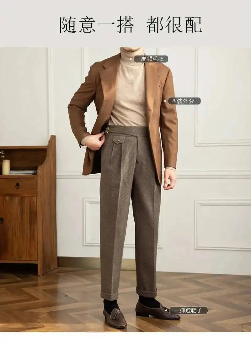 2023 Autumn Winter Men's Warm Retro Straight Trouser Male Casual British High Waist Pants Office-trousers Dress Pant Trousers