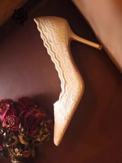 White Wedding Shoes Bridal Shoes Design Sense Niche Lace Pointed Stiletto Heel Shallow French High Heels Female Temperament