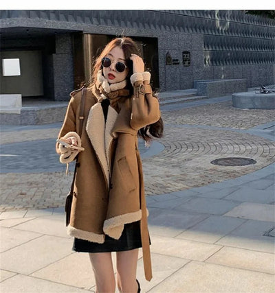 2024 Autumn Winter New Medium Long Double-breasted Lambswool Suede Woolen Coat Women Add Velvet Padded Warm Fur One Woolen Coats