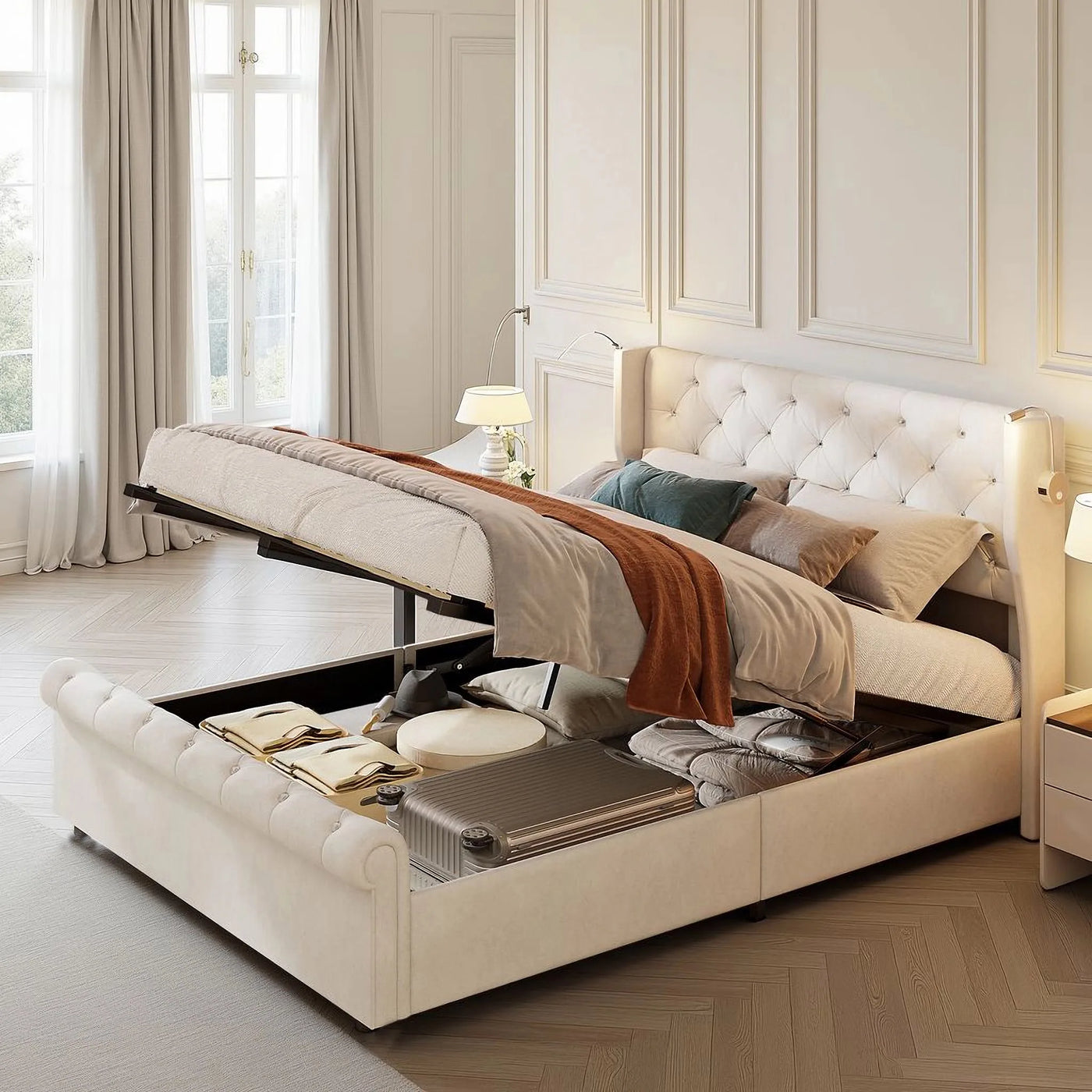 Double bed, 140x190 cm, equipped with LED strip and USB port, with a hydraulic storage chest, velvet fabric