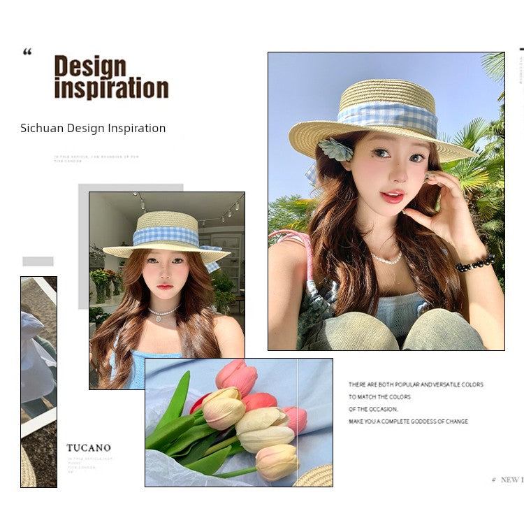 Straw Hat Japanese Style Women's Spring Summer Outing Plaid Bows