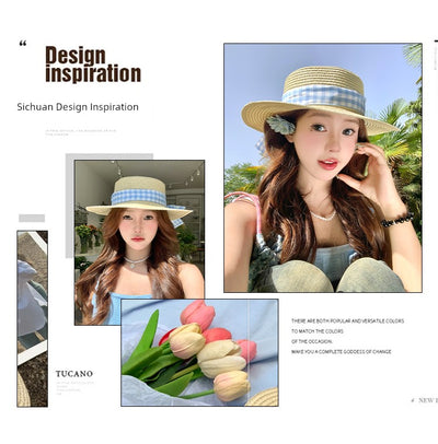 Straw Hat Japanese Style Women's Spring Summer Outing Plaid Bows