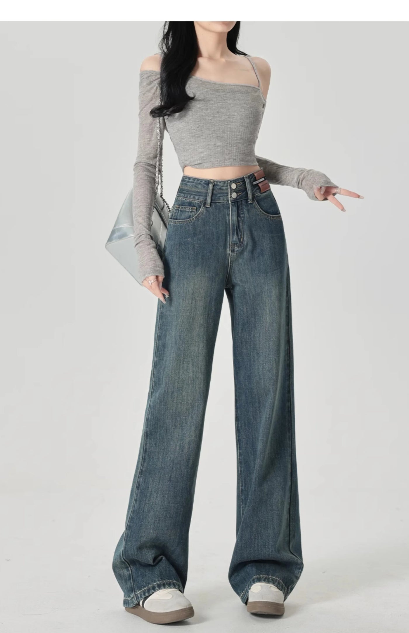 Women's Narrow Cut Wide Leg Jeans With High Waist And Hanging Feeling Straight Leg Casual Look Slim Contrasting Colors Pants