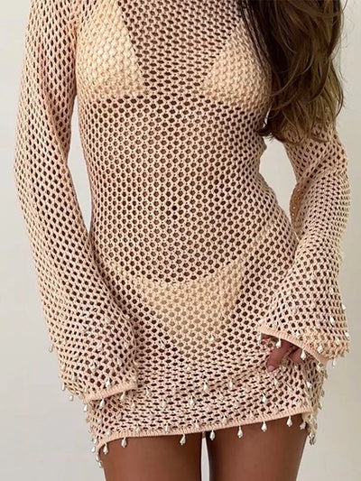 Sexy Knitted Hollow Out Pearl Mini Dress Women Elegant Knitted Backless Lace Up Beach Dresses Lady Spring Chic Party Holiday