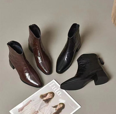 Female Short Shoes Pointed Toe Brown Fur Leather Booties Elegant with Medium Heels Women's Ankle Boots Sale Y2k Autumn Chic Boot