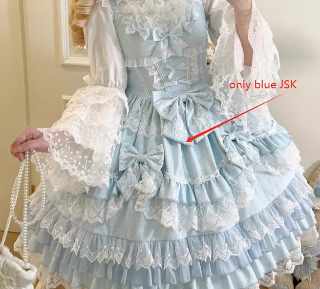 Original Lolita Dress Set Doll Feeling Girl Women's Sweet Jsk Suspender Dress Princess Fairy Lace Bow Sling Cake Dresses