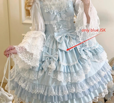 Original Lolita Dress Set Doll Feeling Girl Women's Sweet Jsk Suspender Dress Princess Fairy Lace Bow Sling Cake Dresses