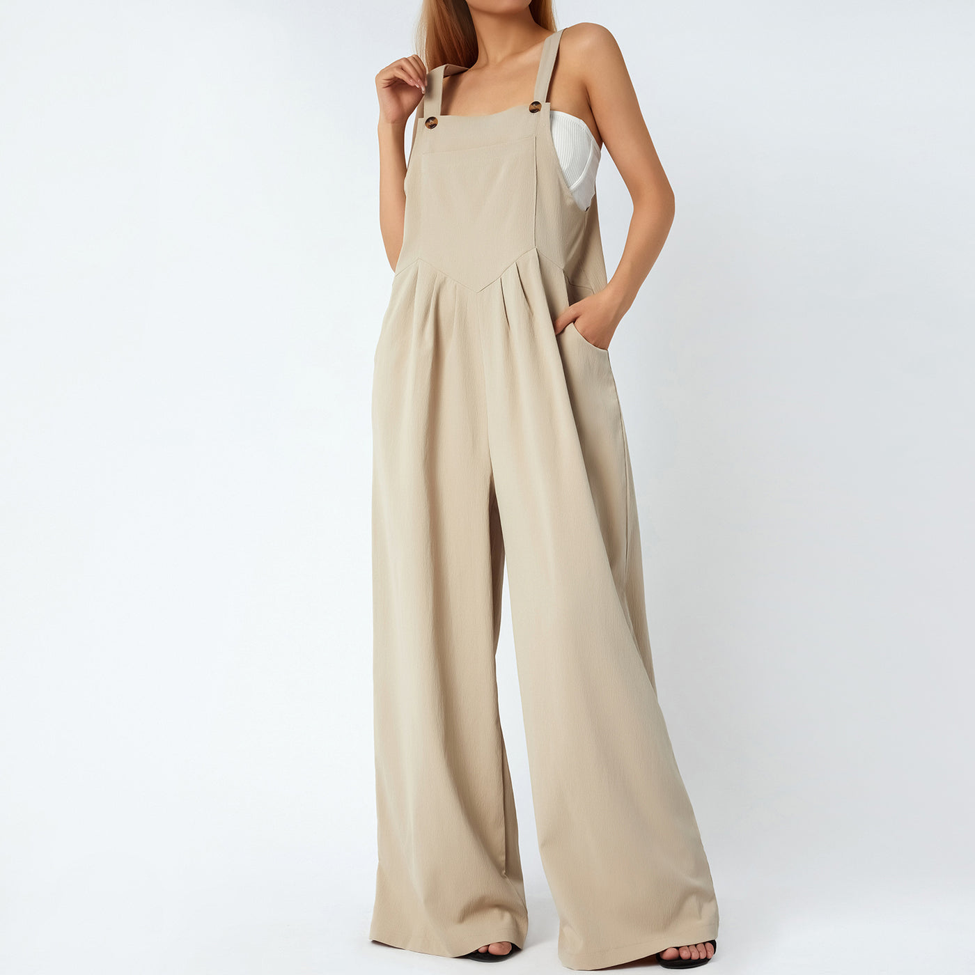 Overalls Women Summer Jumpsuit Outfits Plus Size Solid Color Casual Button Wide Leg Suspender Pants Overalls with Pockets