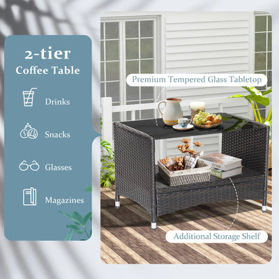 4PCS Patio Rattan Furniture Set Armrest Cushion Sofa Coffee Table withShelf Garden