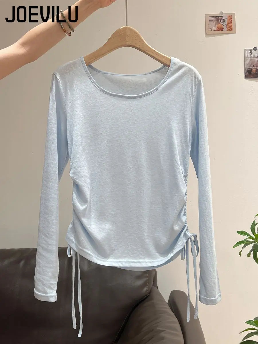 2025 New Summer Women's Light Blue Cooling Sun Protection Top Shirring Detail Loose Sheer Thin Blouse Y2k Korean Fashion Clothes