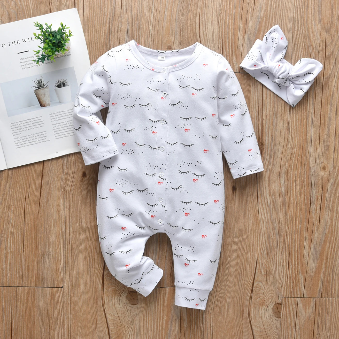 2pcs Infant Baby Girls Clothes Fashion Printed Cotton Long Sleeve Romper Jumpsuit with Headband Newborn Clothing for 0-18month