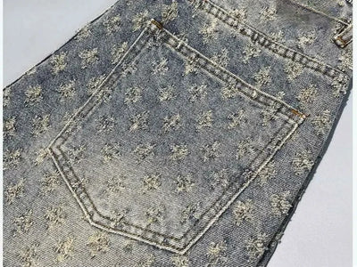 American Y2K Light Luxury Quality Retro Denim Shorts Summer Hip Hop INS Men Loose Shave Jacquard Couple Denim Five Point Pants
