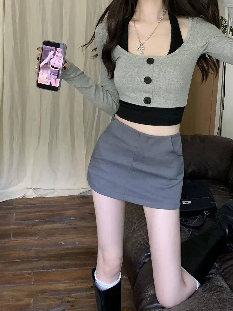 Women's Top Halter Vest 2 Piece Sets U Neck Long Sleeve Crop Tops Babes Korean Style Chic Short T-shirt Ladies Gothic Y2k Tees