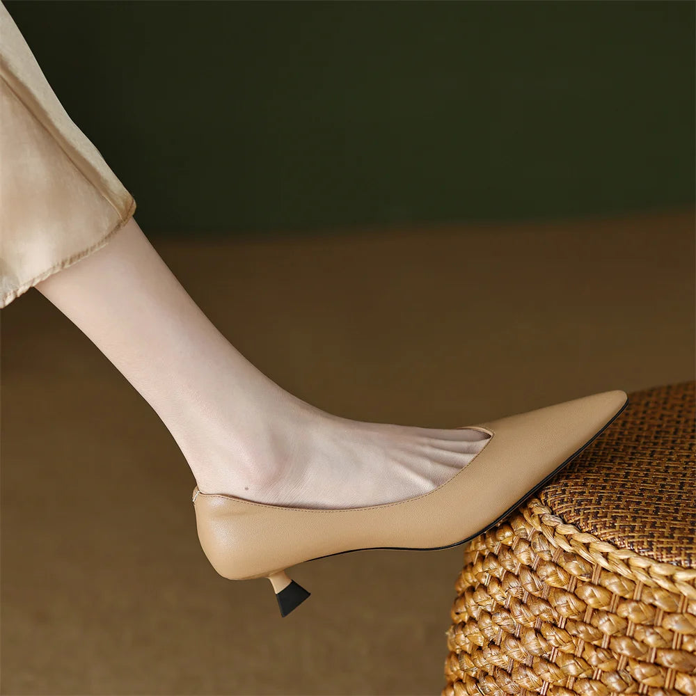 plus size 34-42 women's genuine leather 4.5cm kitten heel pointed toe slip-on pumps elegant ladies low heeled shoes