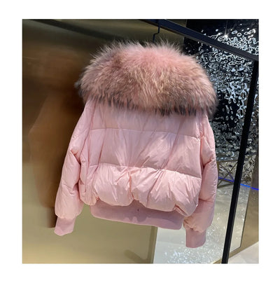 Fashionable Women's Winter Down Jacket Cropped Fox Fur Collar High End 90% White Duck Feather Coat Thick Long Sleeves