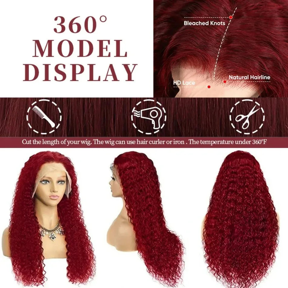 Curly 99J Burgundy 30 Inch Deep Wave 13x4 Lace Front Wig Wet And Wavy Red Colored wigs HD Lace Frontal 100% Human Hair Wigs