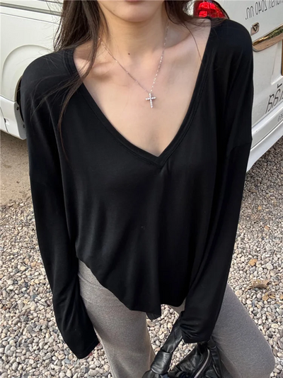 Women Oversized T Shirt Spring Summer V-neck Casual Fashion Loose Thin Long Sleeve Top Pullovers Chic White See Through T-shirt